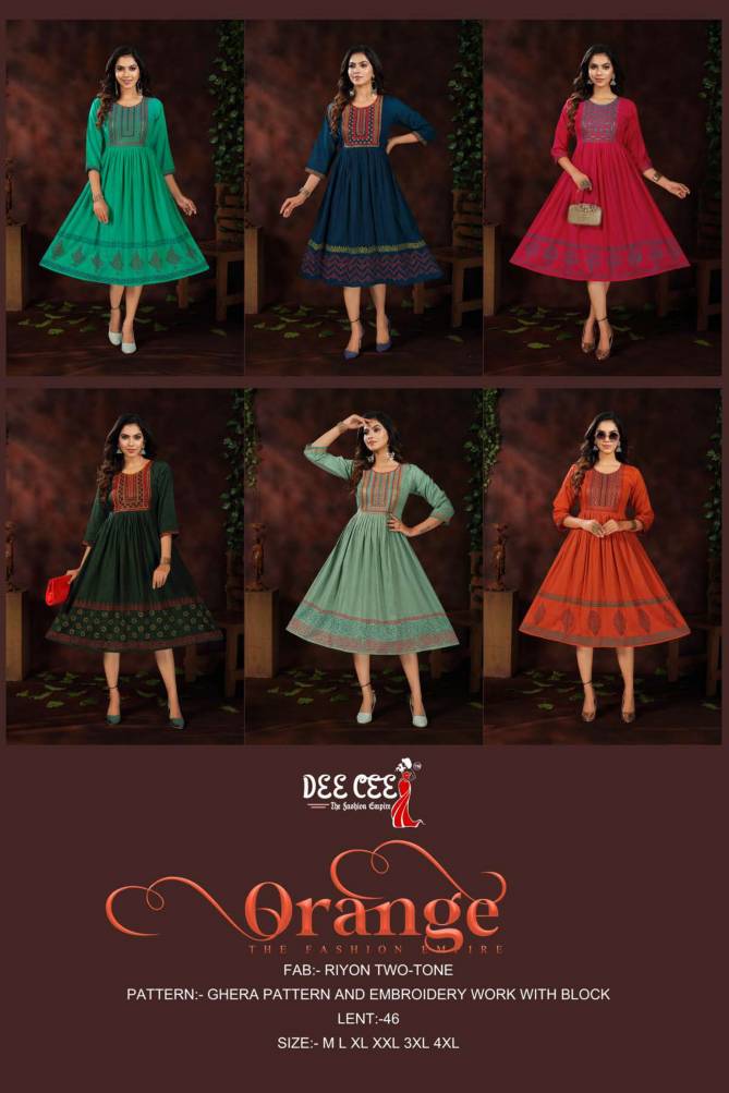 Dee Cee Orange Rayon Fancy Wear Designer Latest Kurtis Collection
